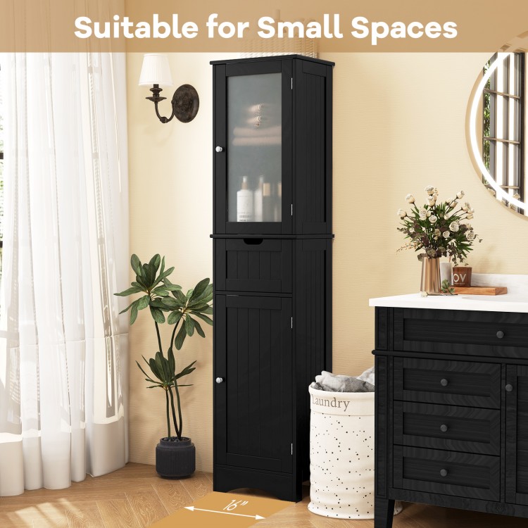 Tall black floor storage cabinet with 2 doors and 1 drawer, ideal for small bathroom spaces, featuring adjustable.