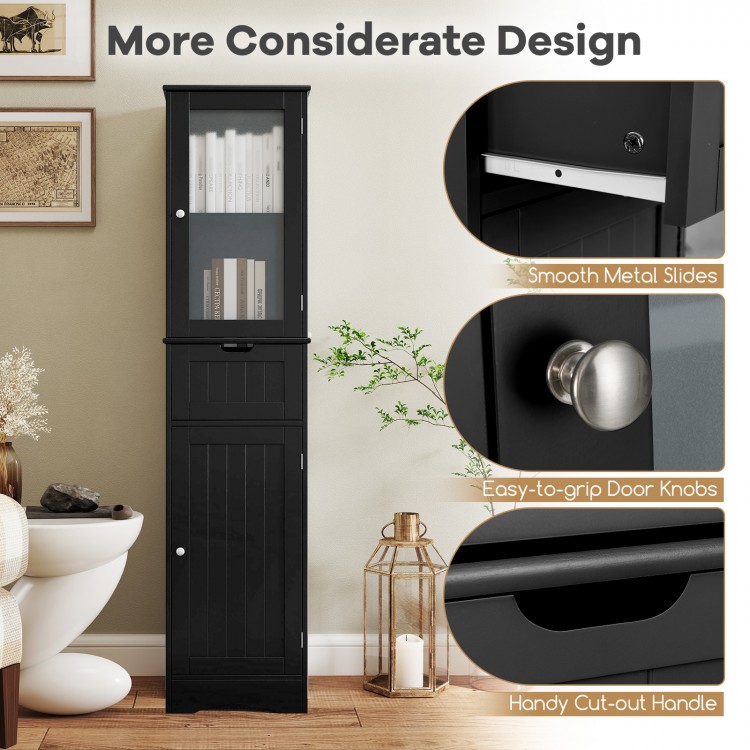 Tall black floor storage cabinet with 2 doors and 1 drawer, featuring adjustable shelves and easy-to-grip door knobs.