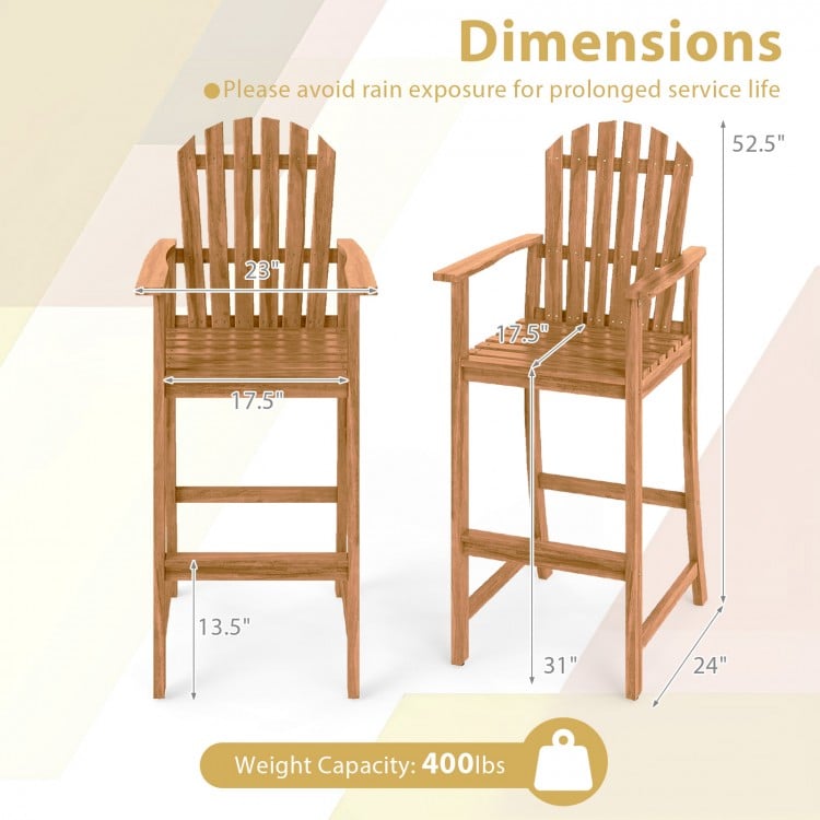 Tall Adirondack chair with armrests and footrest in natural acacia wood, 31" seat height, ideal for patio and deck use.