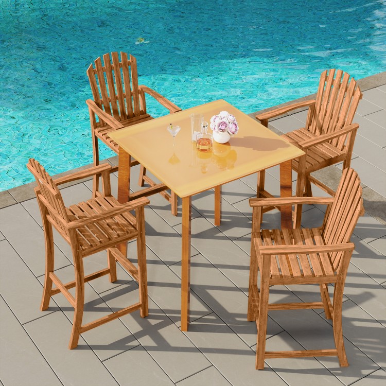 Tall Adirondack chair with armrests and footrest, made of solid acacia wood, ideal for patio or deck seating.