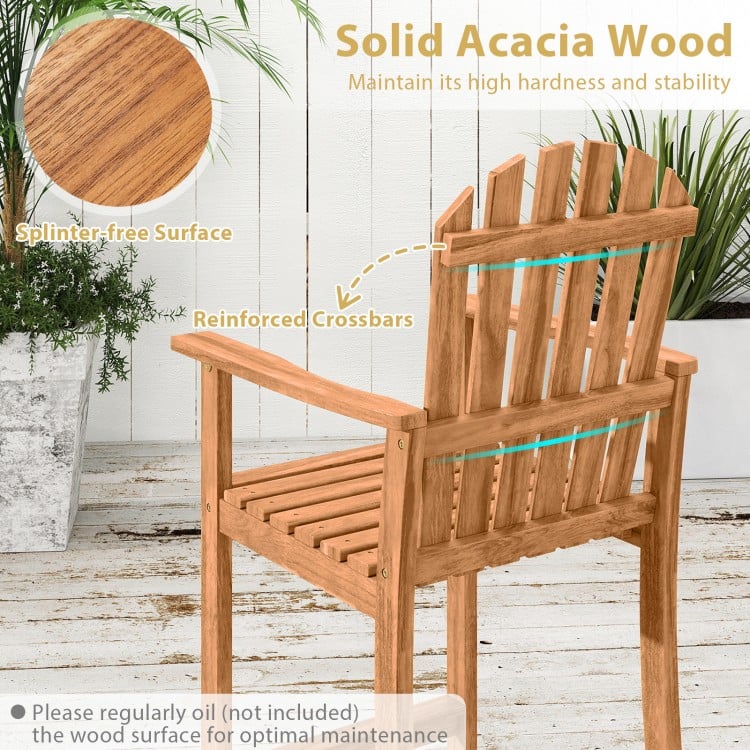 Tall Adirondack chair made of solid acacia wood with a splinter-free surface, ideal for patio and deck relaxation.