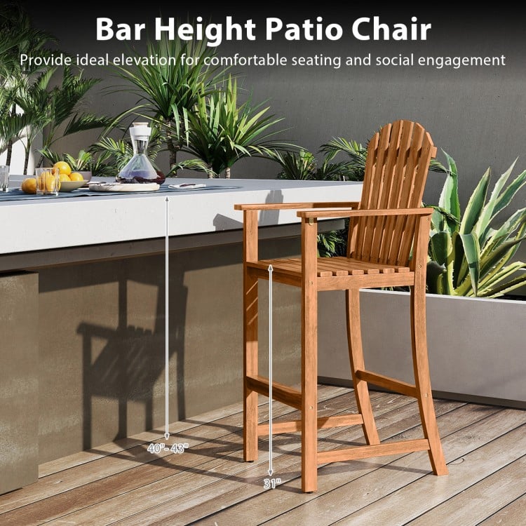 Tall Adirondack chair in natural acacia wood with armrests and footrest, ideal for 40"-43" bar tables on patio.