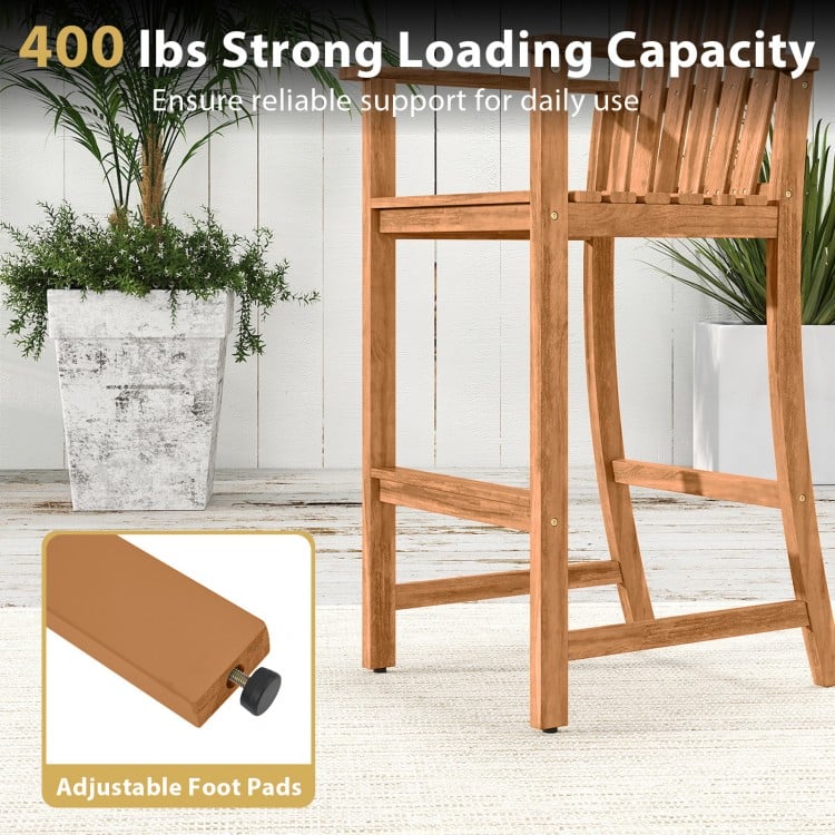 Tall Adirondack chair with armrests and footrest, made of acacia wood, supports 400 lbs, ideal for patio and deck use.