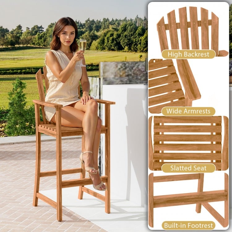 Tall Adirondack chair with armrests and footrest, made of acacia wood, perfect for deck seating and social engagement.