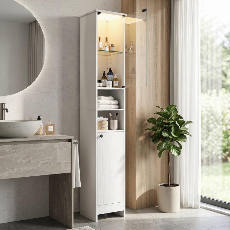 Tall white bathroom storage cabinet with LED lights, adjustable shelves, and a push-to-open glass door for easy access.
