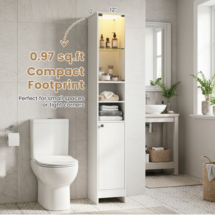 Tall bathroom storage cabinet in white with LED lights, adjustable shelves, and compact design for small spaces.