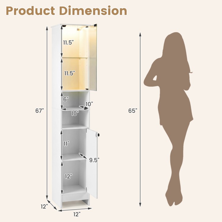 Tall bathroom storage cabinet with LED lights, adjustable shelves, and a compact design for versatile placement.
