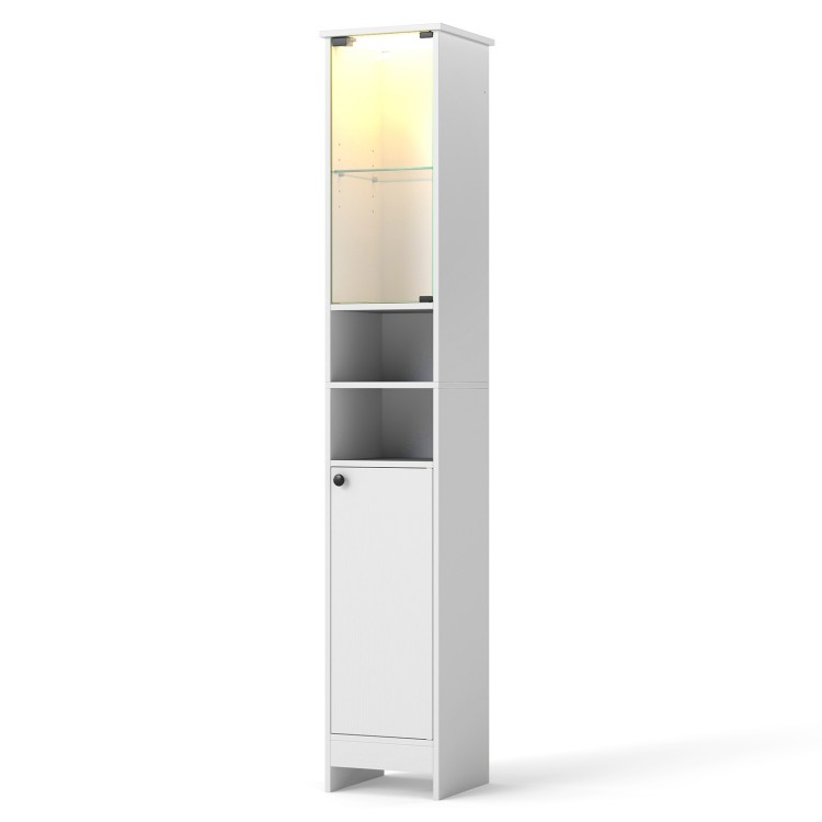 Tall white bathroom storage cabinet with LED lights, adjustable shelves, and a push-to-open tempered glass door for easy access.