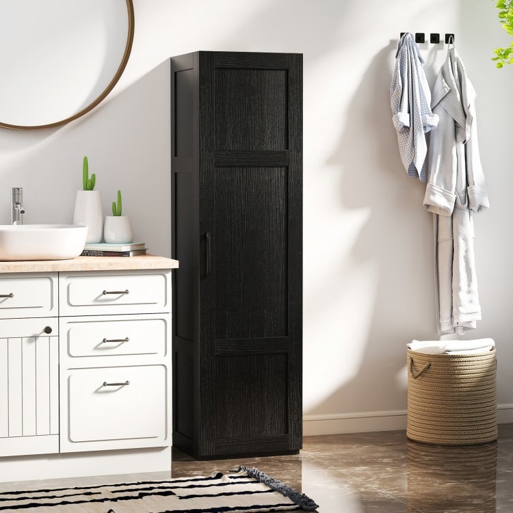 Tall black storage cabinet with 4 shelves, ideal for bathroom or living room, featuring soft-close hinges and anti-tip.