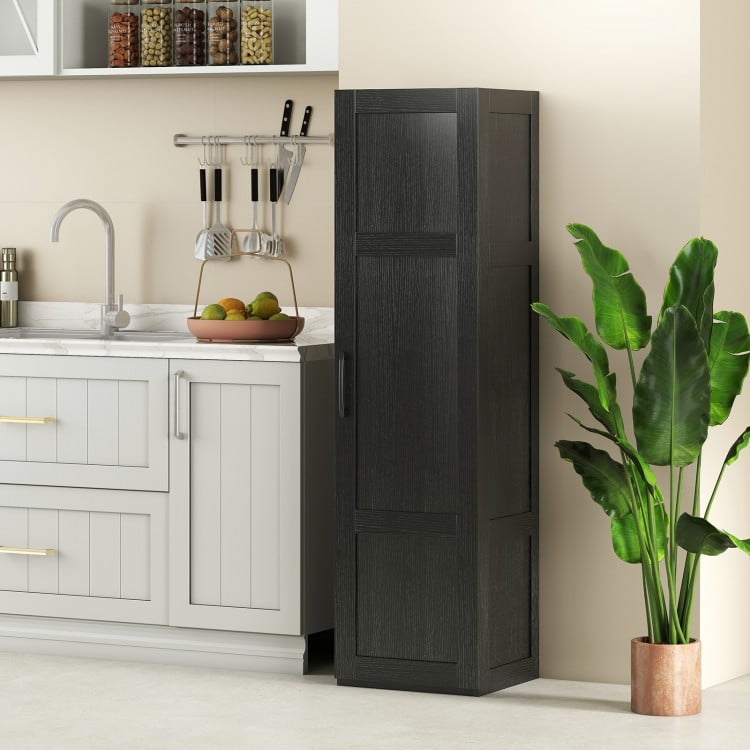 Tall black storage cabinet with 4 shelves, ideal for bathroom or kitchen organization, featuring soft-close hinges and.