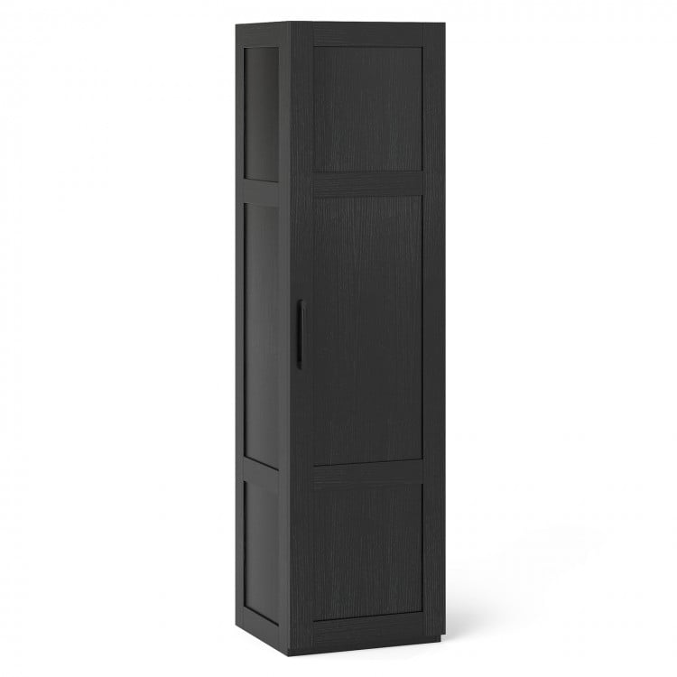 Tall black storage cabinet with 4 shelves, designed for bathrooms or living rooms, featuring soft-close hinges and.