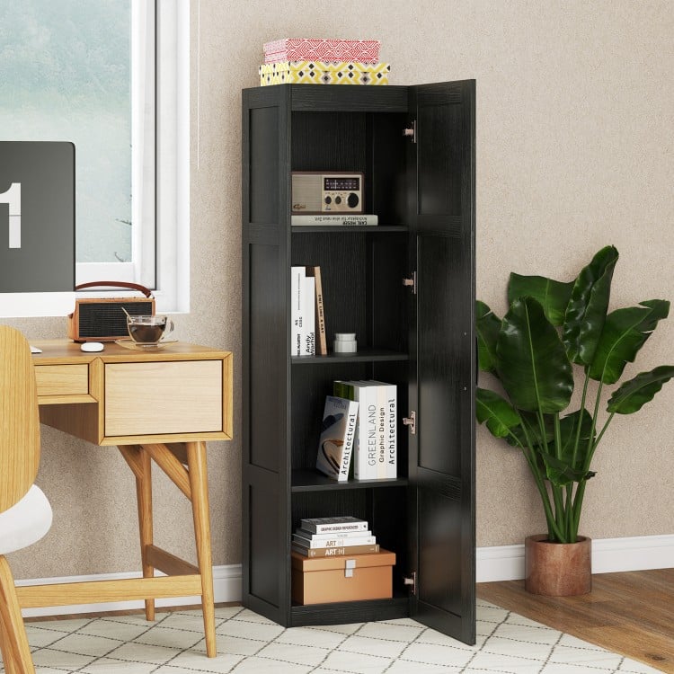 Tall black storage cabinet with 4 shelves, ideal for corners in bathrooms or living rooms, featuring soft-close hinges.