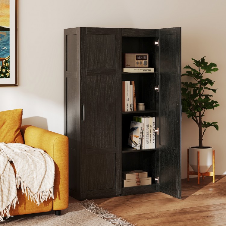 Narrow tall black storage cabinet showcasing 4 shelves, perfect for organizing sundries in living rooms or bathrooms.