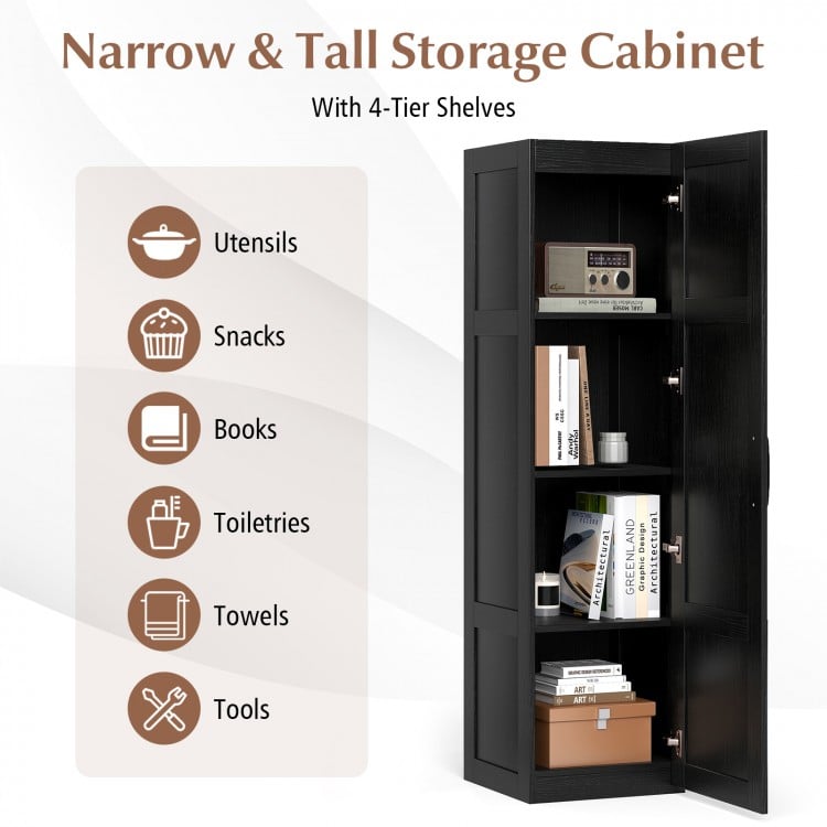 Tall black storage cabinet with 4 shelves, ideal for utensils and snacks, perfect for bathrooms and kitchens.