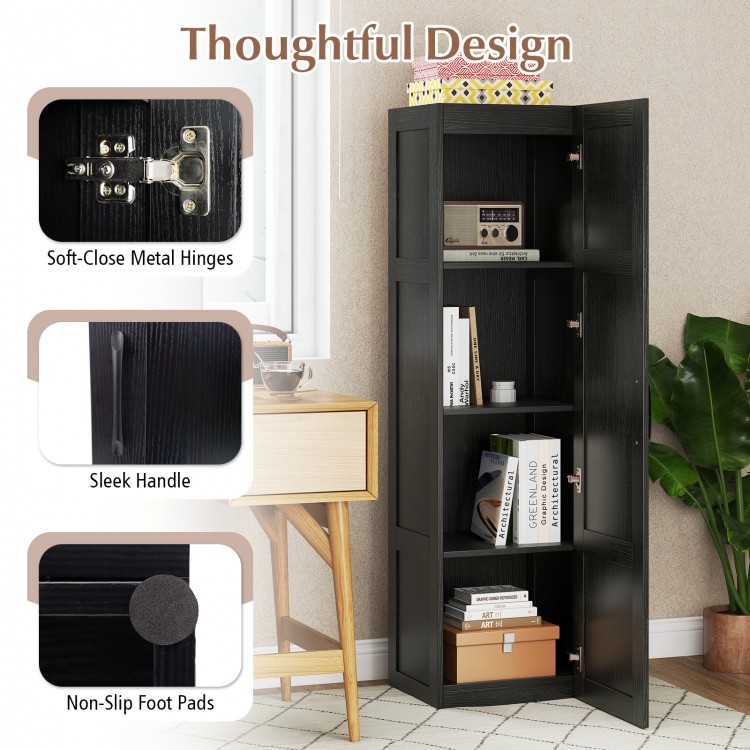 Tall black storage cabinet featuring soft-close hinges, sleek handle, and non-slip foot pads, ideal for bathrooms and.