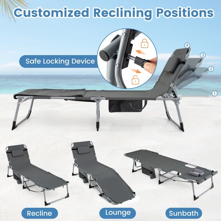 Portable gray tanning chair with face hole, adjustable backrest, and side pocket, ideal for sunbathing at the beach.