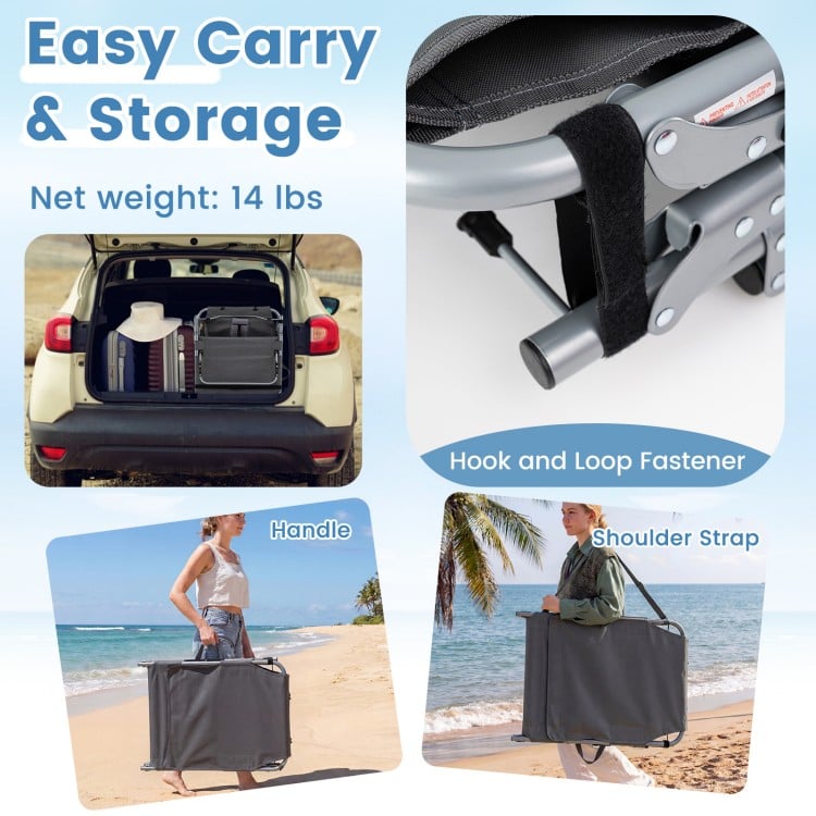 Portable gray tanning chair with face arm holes, adjustable backrest, and shoulder strap for easy transport and storage.
