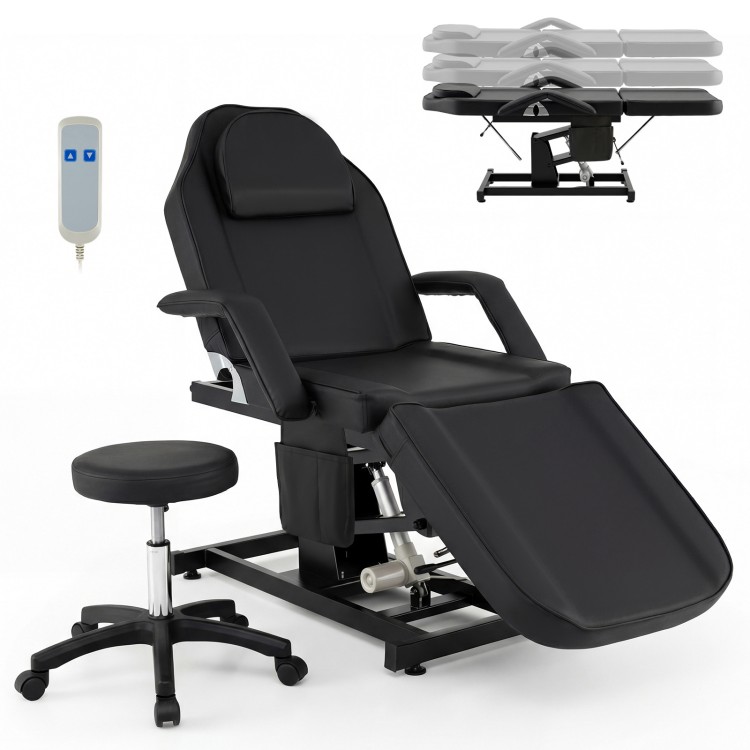 Tattoo chair with adjustable backrest and footrest, black faux leather, includes hydraulic stool for esthetician use.