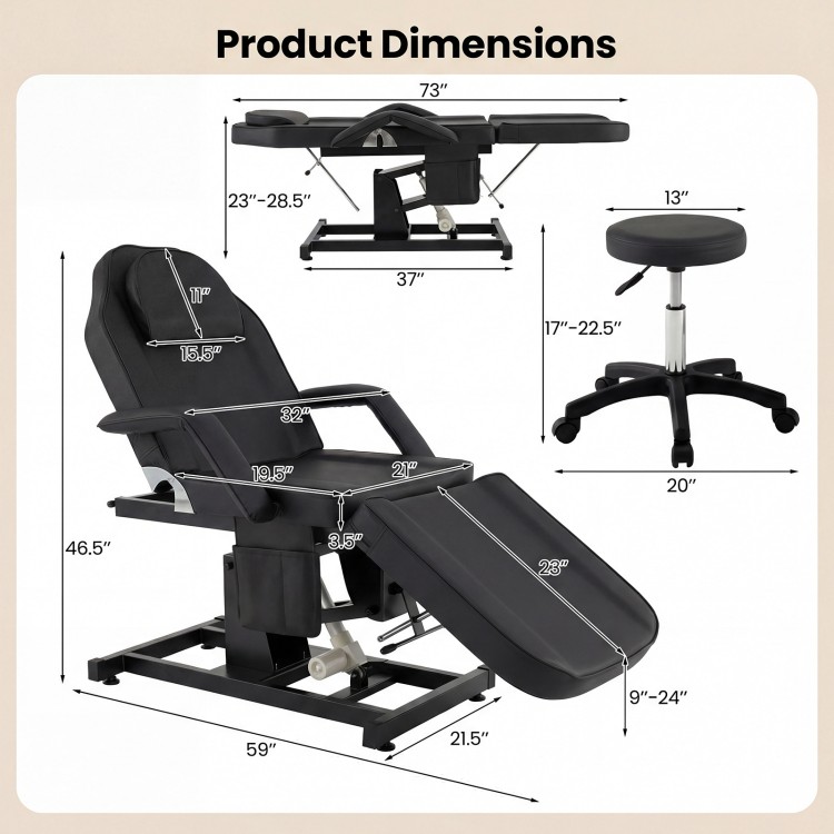 Dimensions of the black tattoo chair with adjustable backrest and footrest, including hydraulic stool measurements.