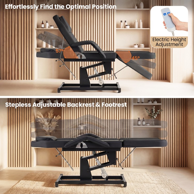 Tattoo chair with electric height adjustment, stepless adjustable backrest, and removable headrest for customizable.