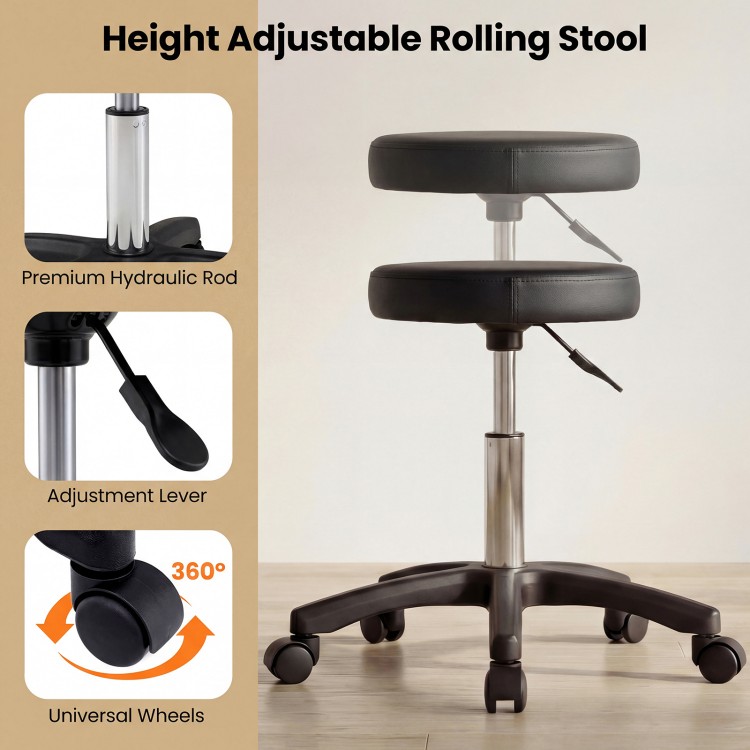 Height adjustable rolling stool in black with universal wheels, perfect for esthetician use in beauty treatments.