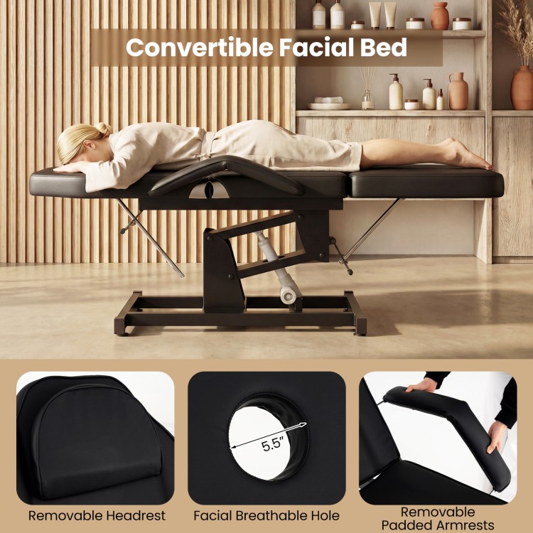 Convertible facial bed in black with removable headrest and armrests, ideal for esthetician services and comfort.