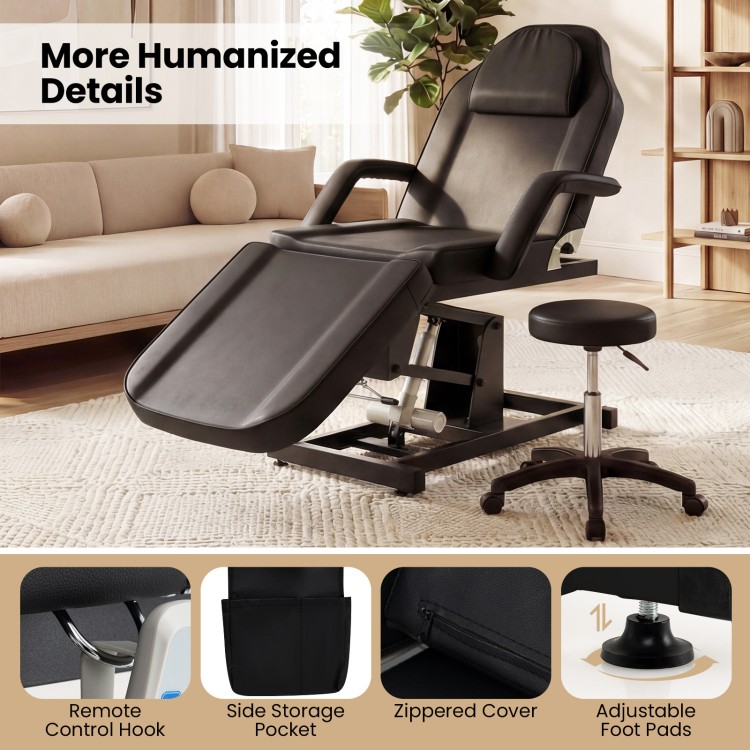 Tattoo chair with adjustable backrest and footrest, waterproof faux leather, and side storage pocket for estheticians.