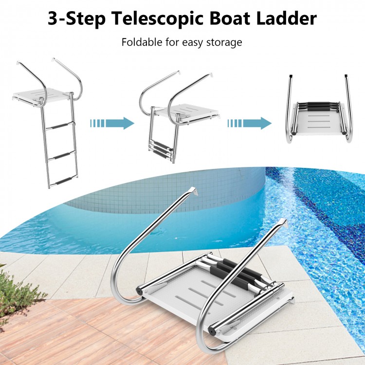 3-step telescoping boat ladder featuring a foldable design and sturdy handrails, perfect for compact storage and marine.