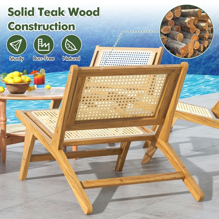 Teak wooden chair with handwoven rattan seat and backrest, featuring smooth edges and ergonomic design for indoor.