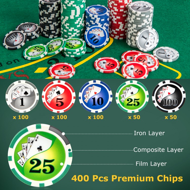 Texas Holdem poker chip set featuring 400 premium chips in five colors, ideal for tournaments and family gatherings.