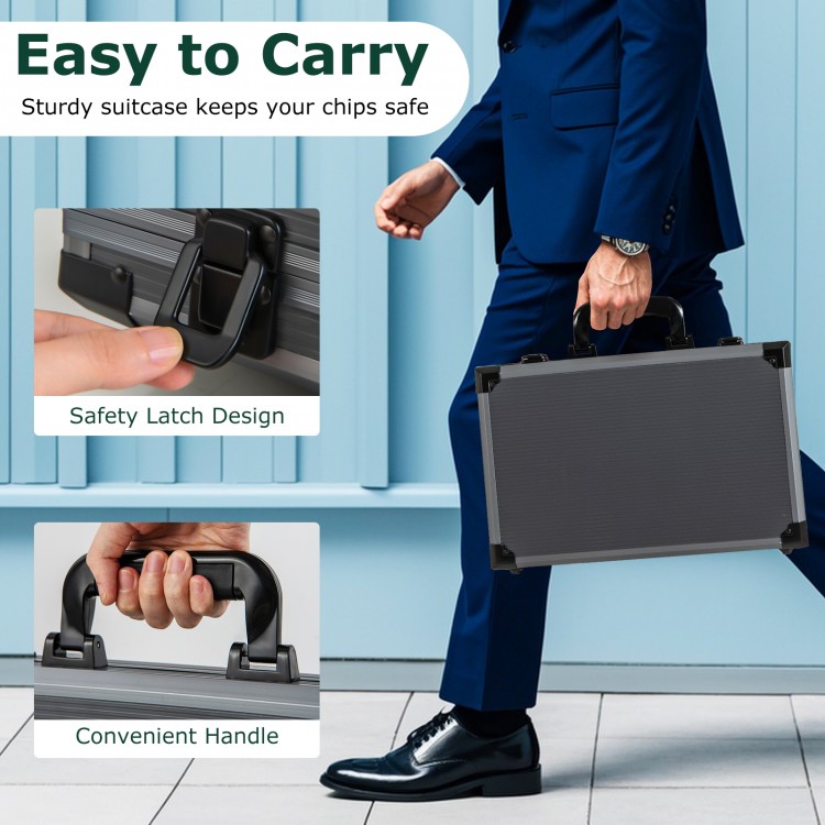 Aluminum suitcase with handle for Texas Holdem poker chip set, featuring safety latch design for secure transport.