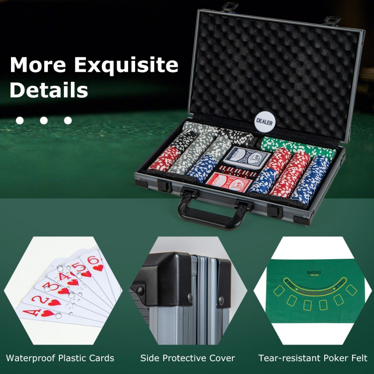 Texas Holdem poker chip set in aluminum case with 400 chips, waterproof cards, and tear-resistant felt for gaming.