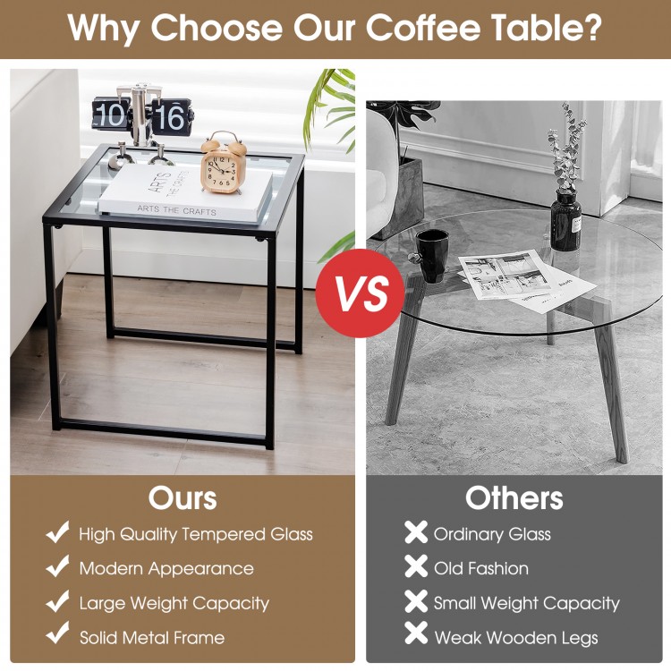 Square tempered glass side table with a solid metal frame and non-slip foot pads, ideal for stylish outdoor and indoor.