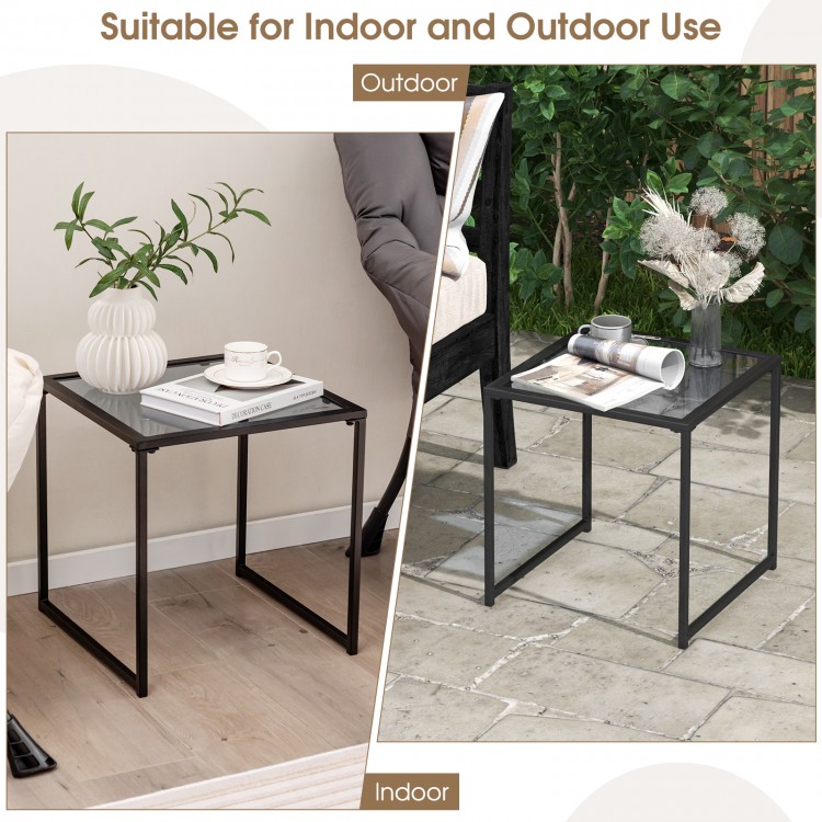 Tempered glass side table with a sturdy metal frame, suitable for indoor and outdoor use, perfect for patios and.