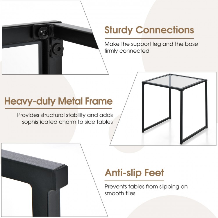 Tempered glass side table with a sturdy metal frame and anti-slip feet, ideal for indoor and outdoor use.