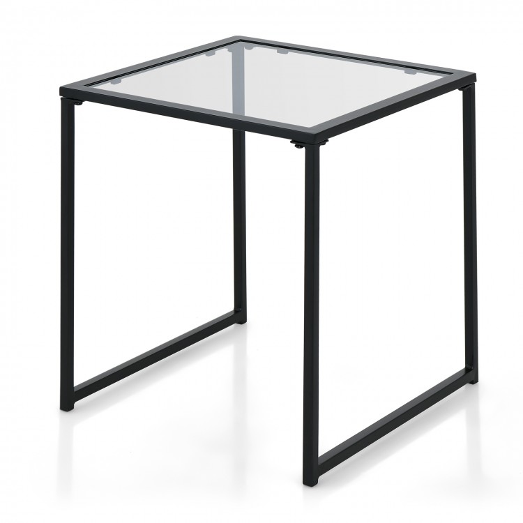 Square tempered glass side table with a sturdy metal frame, perfect for indoor and outdoor use on patios or balconies.