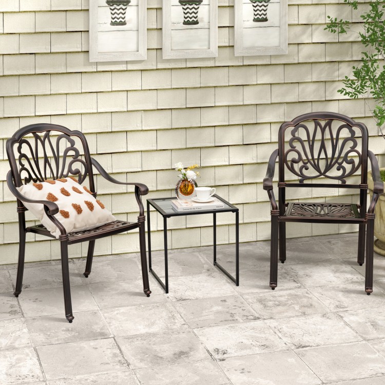 Tempered glass side table with a sturdy metal frame, perfect for indoor or outdoor use on patios or balconies.