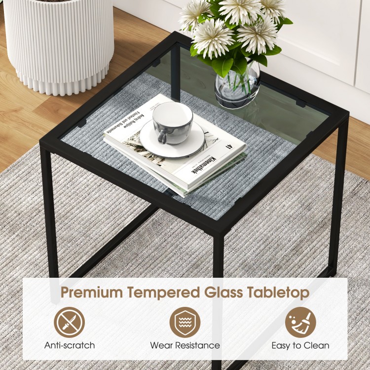 Tempered glass side table with a sturdy metal frame, ideal for indoor and outdoor use, featuring a scratch-resistant.