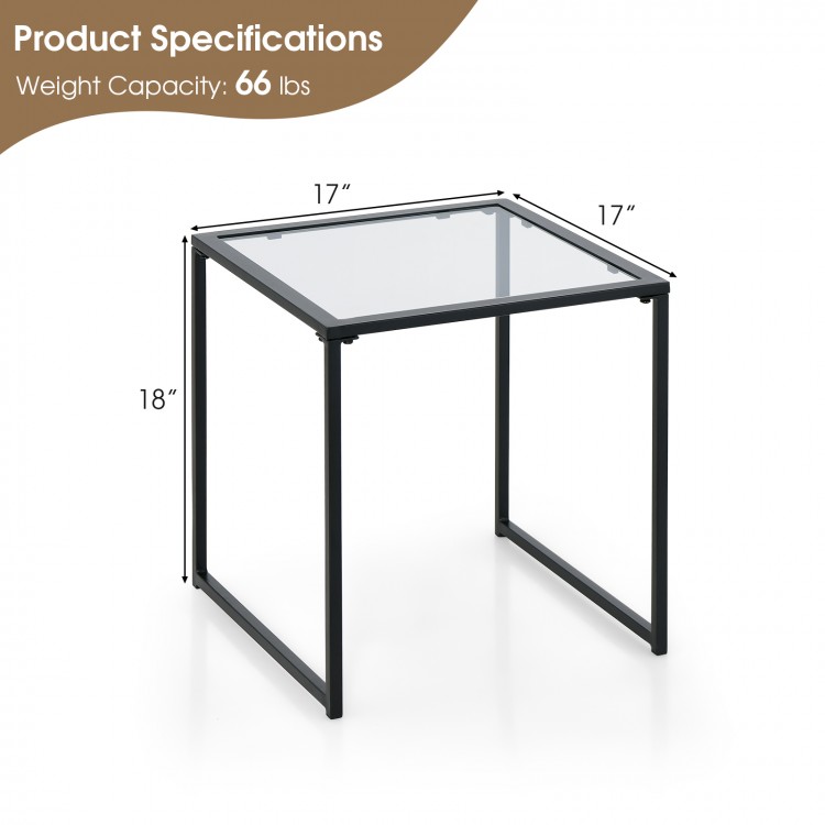 Tempered glass side table with a sturdy metal frame, 17” square top, perfect for indoor and outdoor use.