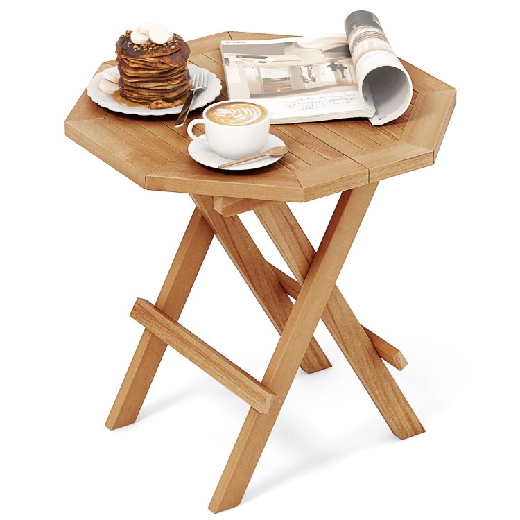 Teak wood octagon coffee table with slatted tabletop and X-shaped legs, perfect for camping and backyard use.