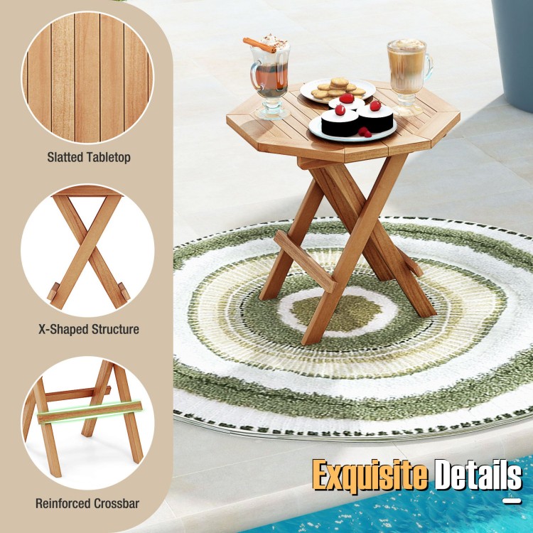 Teak wood octagon coffee table with a natural wood grain finish, featuring a slatted tabletop and foldable design for.