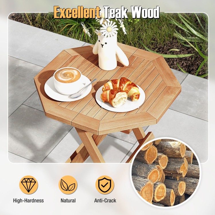 Teak wood octagon coffee table with slatted tabletop, featuring X-shaped legs, ideal for camping and backyard use.