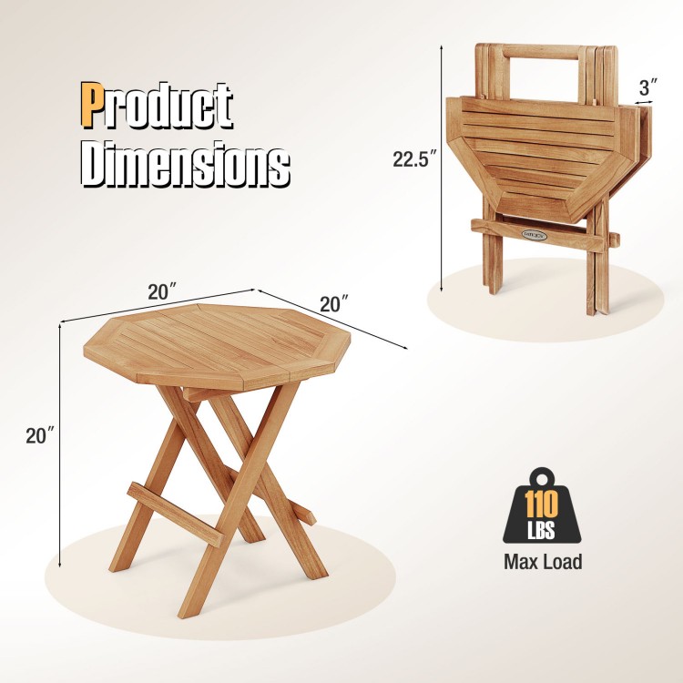 Teak wood octagon coffee table with X-shaped legs, showcasing dimensions and foldable design for easy storage.