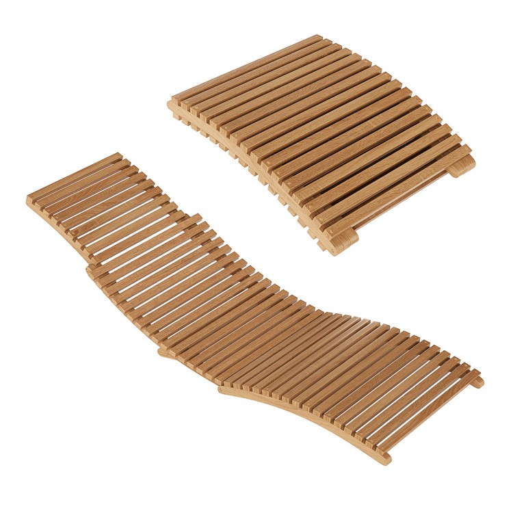 Teak wood folding chaise lounge chair with slatted seat, ergonomic curve for comfort, ideal for outdoor use.