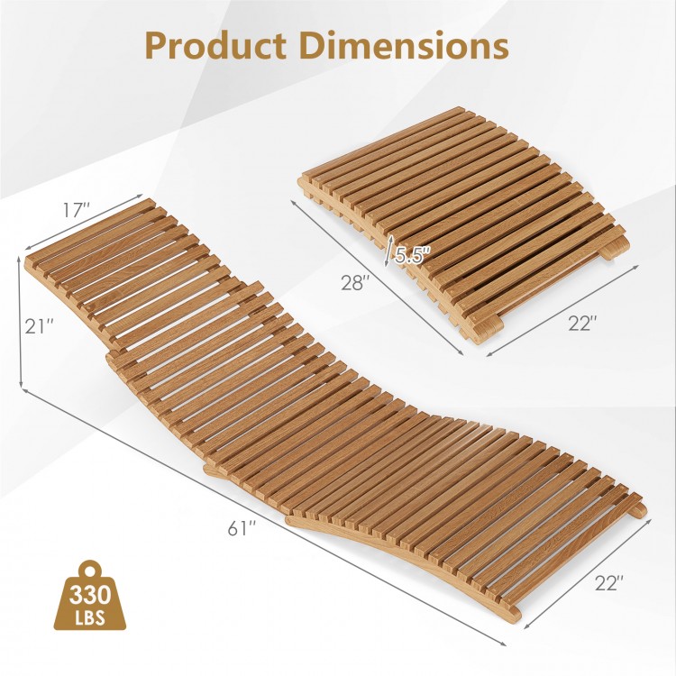 Teak wood folding chaise lounge chair dimensions with slatted seat, ideal for backyard and poolside relaxation.