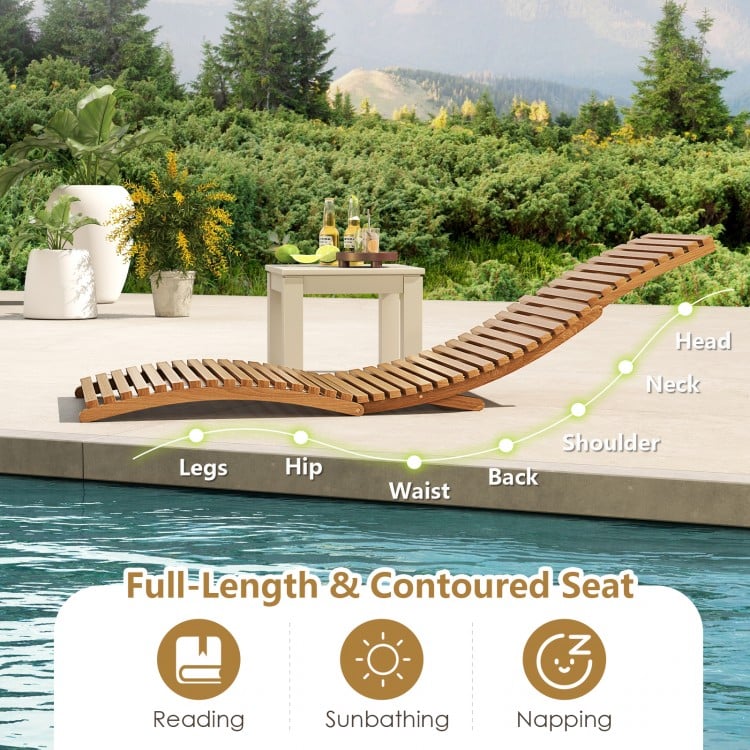 Teak wood folding chaise lounge chair with slatted seat, ergonomic design for comfort, perfect for poolside relaxation.