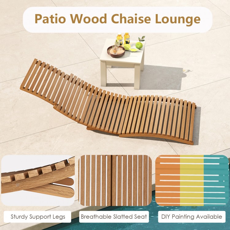 Teak wood patio folding chaise lounge chair with slatted seat, ergonomic curve, ideal for backyard or poolside.