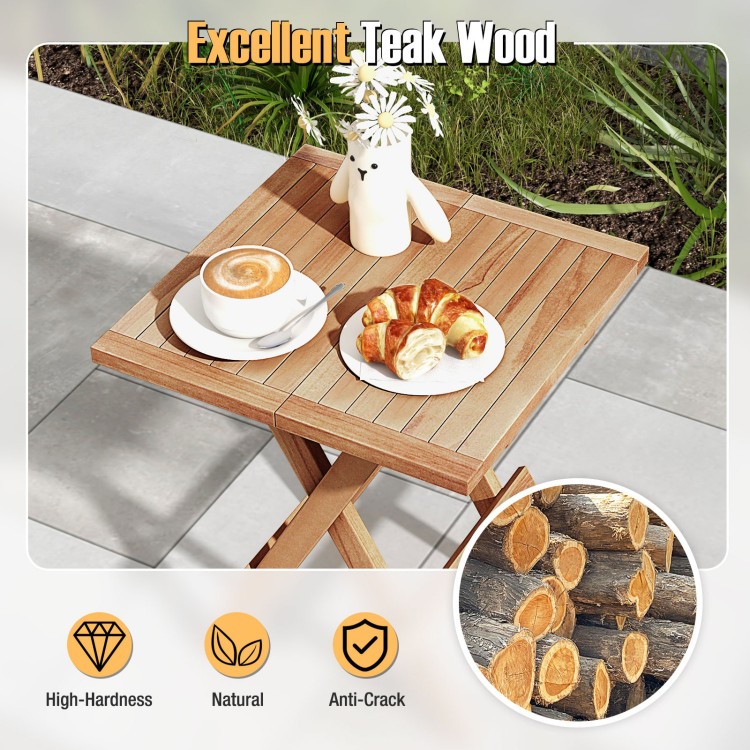 Teak wood square coffee table with slatted tabletop, X-shaped legs, perfect for camping or backyard use.
