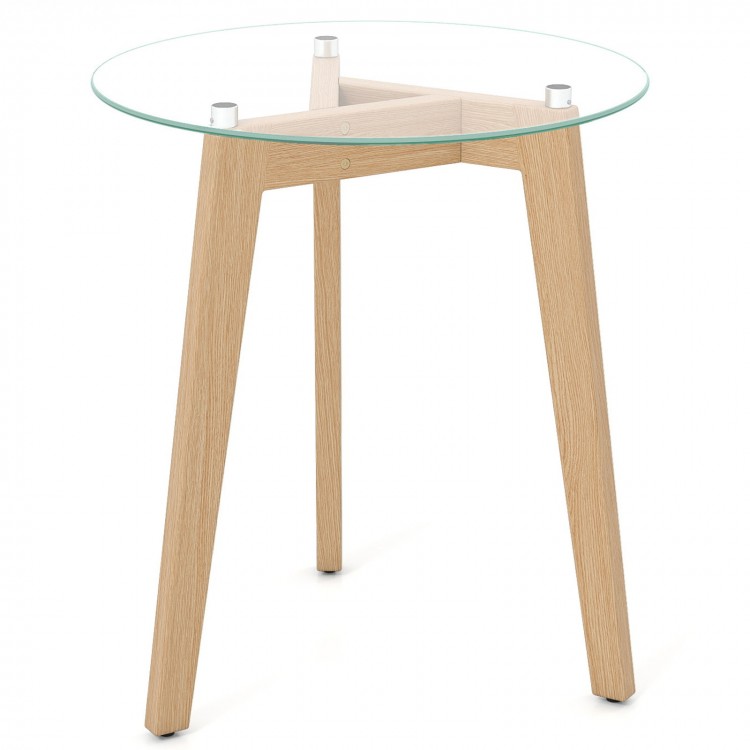 Tempered glass end table with solid rubber wood structure, showcasing a clean design and anti-slip aluminum discs for.