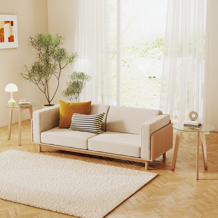 Round end table with tempered glass top and solid rubber wood legs, ideal for living room or bedside use.